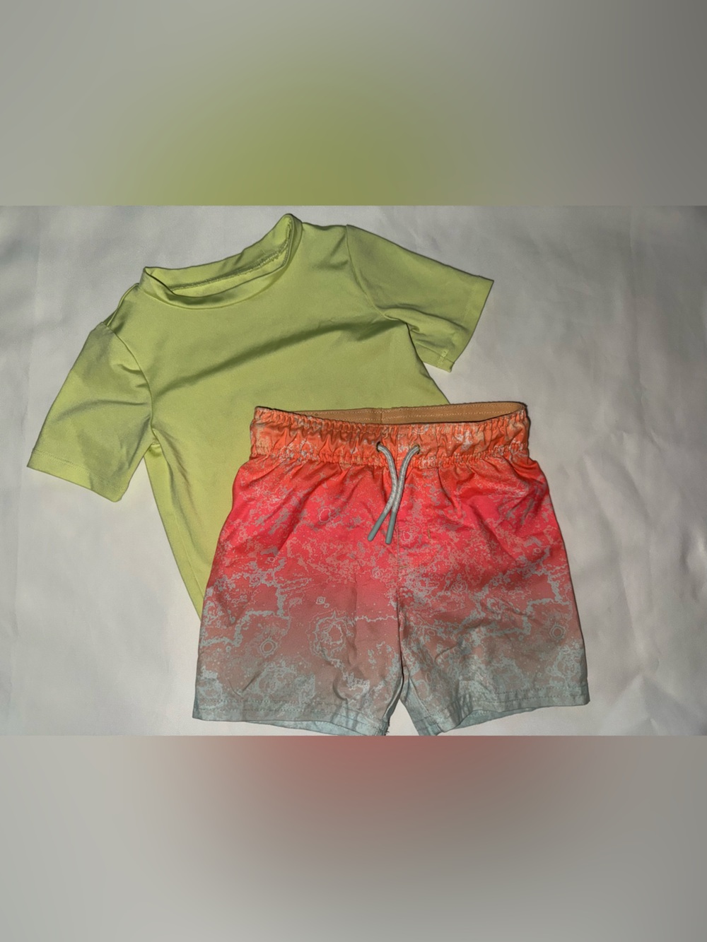 Cat & Jack Neon Green Rash Gaurd with Coral-to-Light Blue Swim Trunks